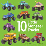 Illustrations of 10 colorful monster trucks on a green background