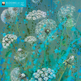 Blooms by Nel 2027 calendar wall art featuring a painted floral scene with white dandelion-like flowers and blue-green watercolor splashes on a textured teal background.