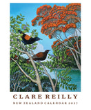 New Zealand calendar cover for 2027 by Clare Reilly, featuring an illustration of New Zealand kakapo birds perched on trees with orange blossoms and blue sky.