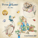 Calendar cover featuring illustrations of Peter Rabbit, a duck, and a hedgehog with decorative elements.