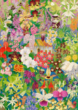 Colorful pattern of various flowers and plants with a small house in the center.