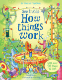 Cover of a Usborne flap book titled 'See Inside - How Things Work', featuring colorful illustrations of various mechanical objects and children exploring a laboratory setting.
