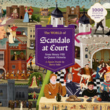 Jigsaw puzzle box for 'The World of Scandals at Court' with historical illustrations on a colorful background.