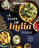 Cookbook cover titled 'A Taste of India' with images of Indian dishes on a dark background.