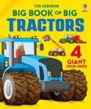Book cover of 'The Usborne Big Book of Big Tractors' with a blue tractor illustration on a yellow background.