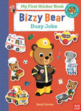 Book cover of 'My First Sticker Book: Bizzy Bear Busy Jobs' with a bear character and various jobs depicted.