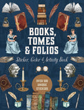 Sticker, color, and activity book cover with illustrations of books, people, and objects on a blue background.