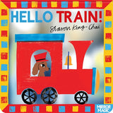 Book cover of 'Hello Train!' with a red train and dog driver illustration.