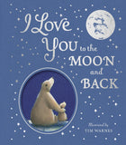 Book cover with polar bears holding hands and text 'I Love You to the Moon and Back' on a blue background.