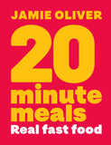 Book cover of '20 Minute Meals' by Jamie Oliver with a red background and yellow text.