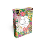 Book titled 'A World of 50 Orchids' with colorful floral design on a white background