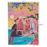 Colorful puzzle with a scenic design of buildings and lemons, featuring dimensions.