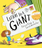 Children's book cover titled "Letters to a Giant" by Patricia Forde and Sarah Warburton, published by Bloomsbury. The cover features a bright yellow background with an illustrated giant's hand and legs holding a large letter, a young girl with curly red hair, and small black birds.
