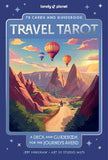 Travel Tarot card deck cover with mountains, hot air balloons, and a path.