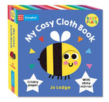 Children's book titled 'My Cosy Cloth Book' with a bee illustration on a blue background.