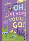 Book cover of 'Oh, the Places You'll Go!' by Dr. Seuss with a purple background and colorful text.