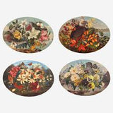 Four oval illustrations of birds and flowers on a white background