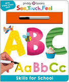 Children's book titled 'See, Touch, Feel' with colorful letters and a wipe-clean pen.