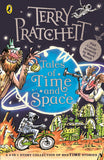 Book cover of 'Tales of Time and Space' by Terry Pratchett with colorful characters and a blue circle in the center.