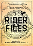 The front cover of 'The Rider Files' official Fourth Wing activity and sticker book, featuring a vintage parchment-style background with black illustrated clouds, a bird, and large stylized title text.