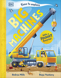 Book cover of 'Big Machines' with a foldout crane illustration on a blue background.