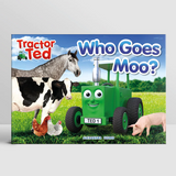 Book cover of 'Tractor Ted Who Goes Moo?' with a green tractor, cow, horse, and pig on a grassy field background.